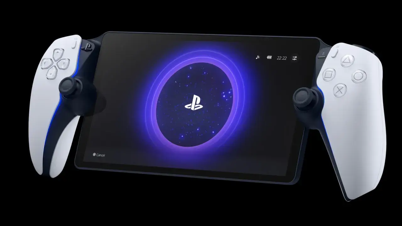 PlayStation Portal avec manettes DualSense attachées, affichant le logo PlayStation sur fond étoilé.