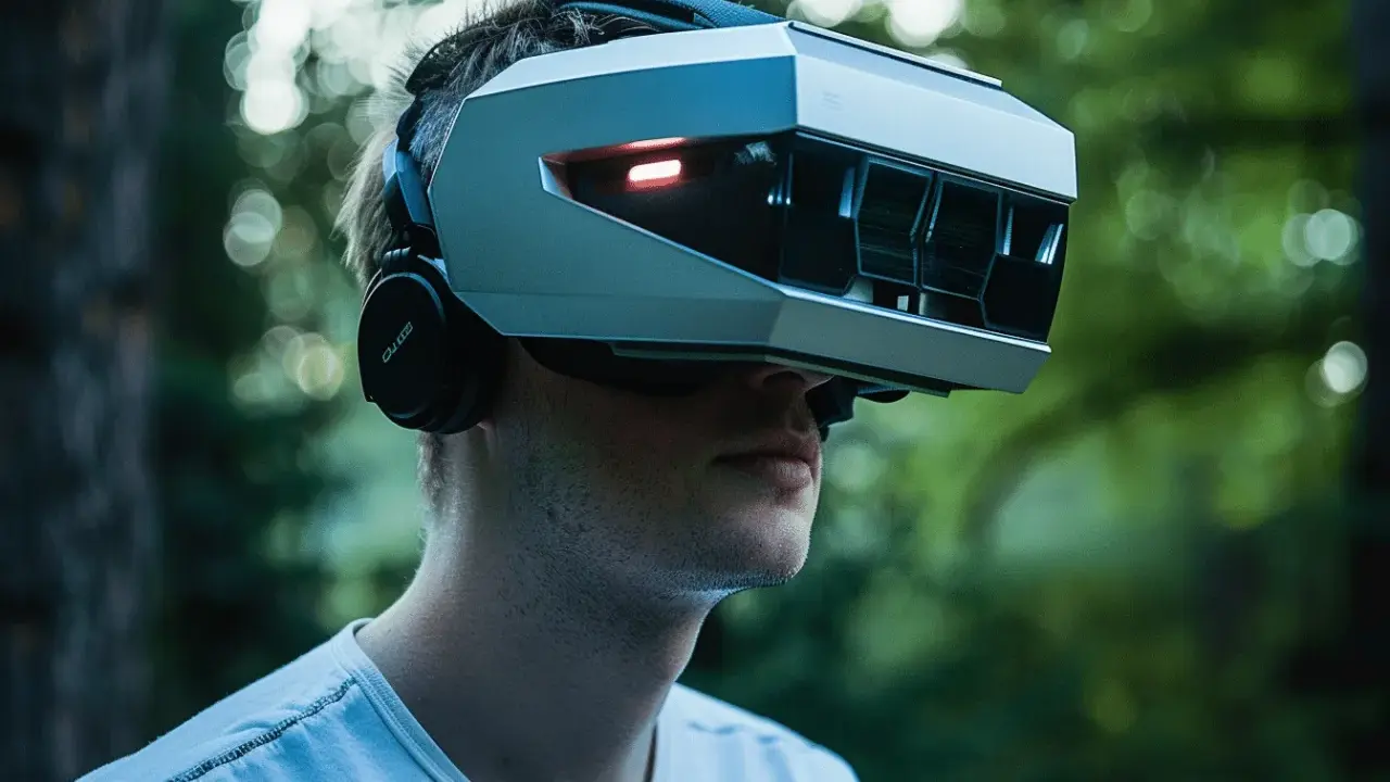 Un homme porte un casque de réalité virtuelle futuriste, peut-être un prototype de meta quest 4, dans un décor naturel verdoyant.
