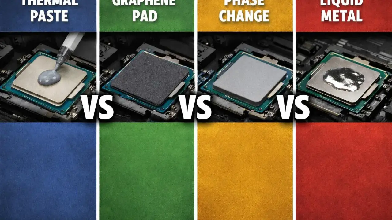 Comparaison de méthodes pour appliquer pâte thermique : seringue, pad graphène, phase change, métal liquide.