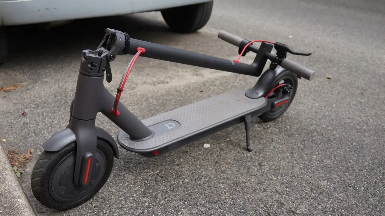 Trottinette électrique grise garée sur le trottoir. On se demande quelle sera sa durée de vie et son kilométrage avant de devoir la remplacer.