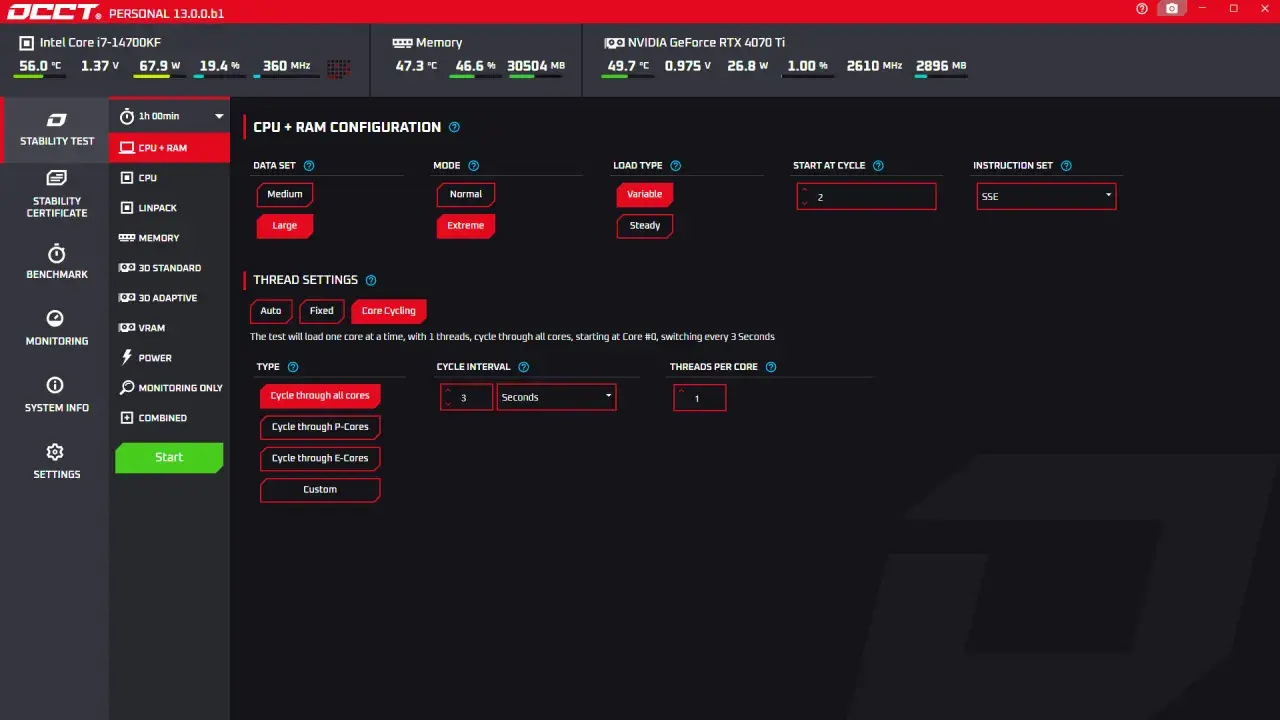 Configuration d'un test de stress CPU + RAM, avec options pour le jeu de données, le mode, le type de charge, et les paramètres de thread pour évaluer la performance.