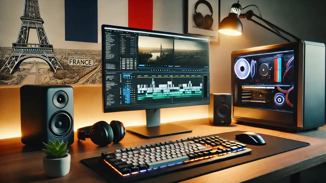 Bureau de montage vidéo ordinateur, avec écran affichant une timeline, tour PC lumineuse, enceintes, casque et clavier gaming.