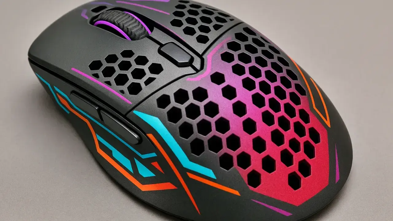 Souris gamer noire avec motifs hexagonaux et dégradé rose/violet. Idéale pour savoir comment choisir sa souris gamer.