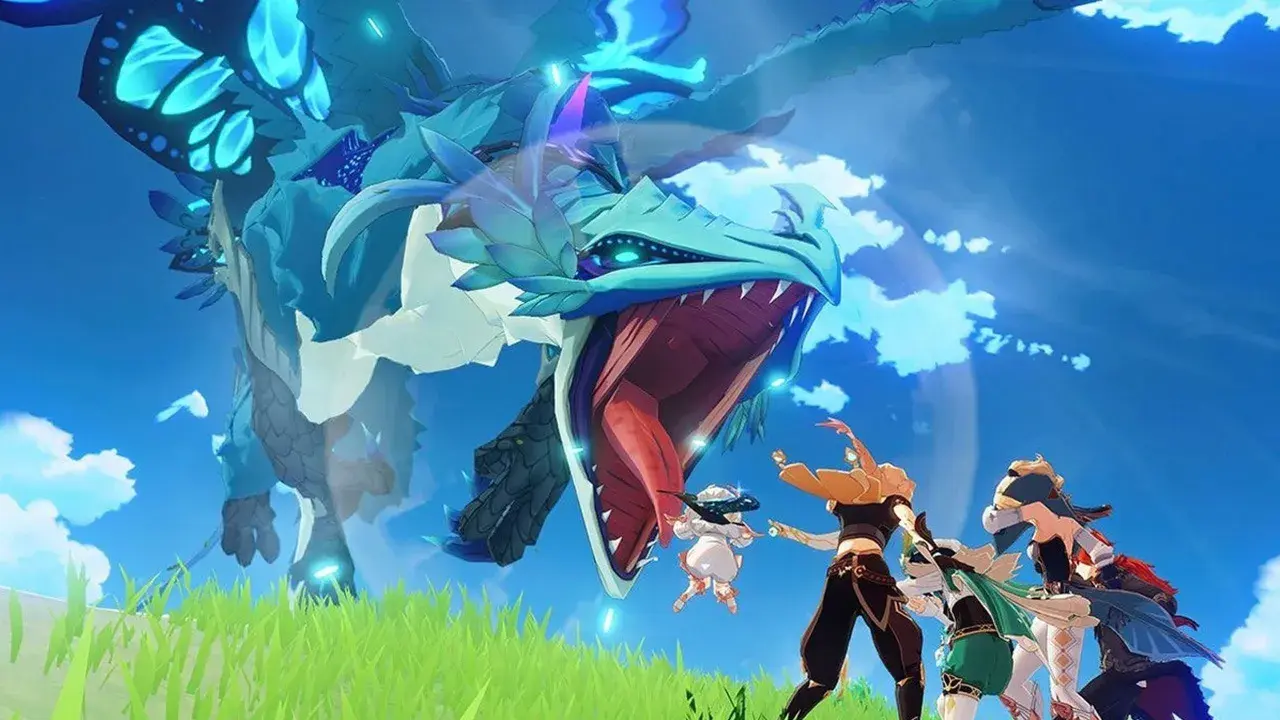 Des personnages affrontent un dragon bleuoyant dans ce jeu mobile gratuit. Une scène épique qui prouve que les meilleurs jeux mobile gratuit sont pleins d'action !