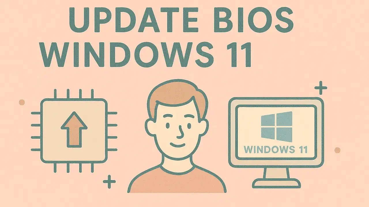 Illustration pour la mise à jour BIOS Windows 11 : un processeur avec une flèche montante, un homme souriant et un écran d'ordinateur affichant le logo Windows 11.