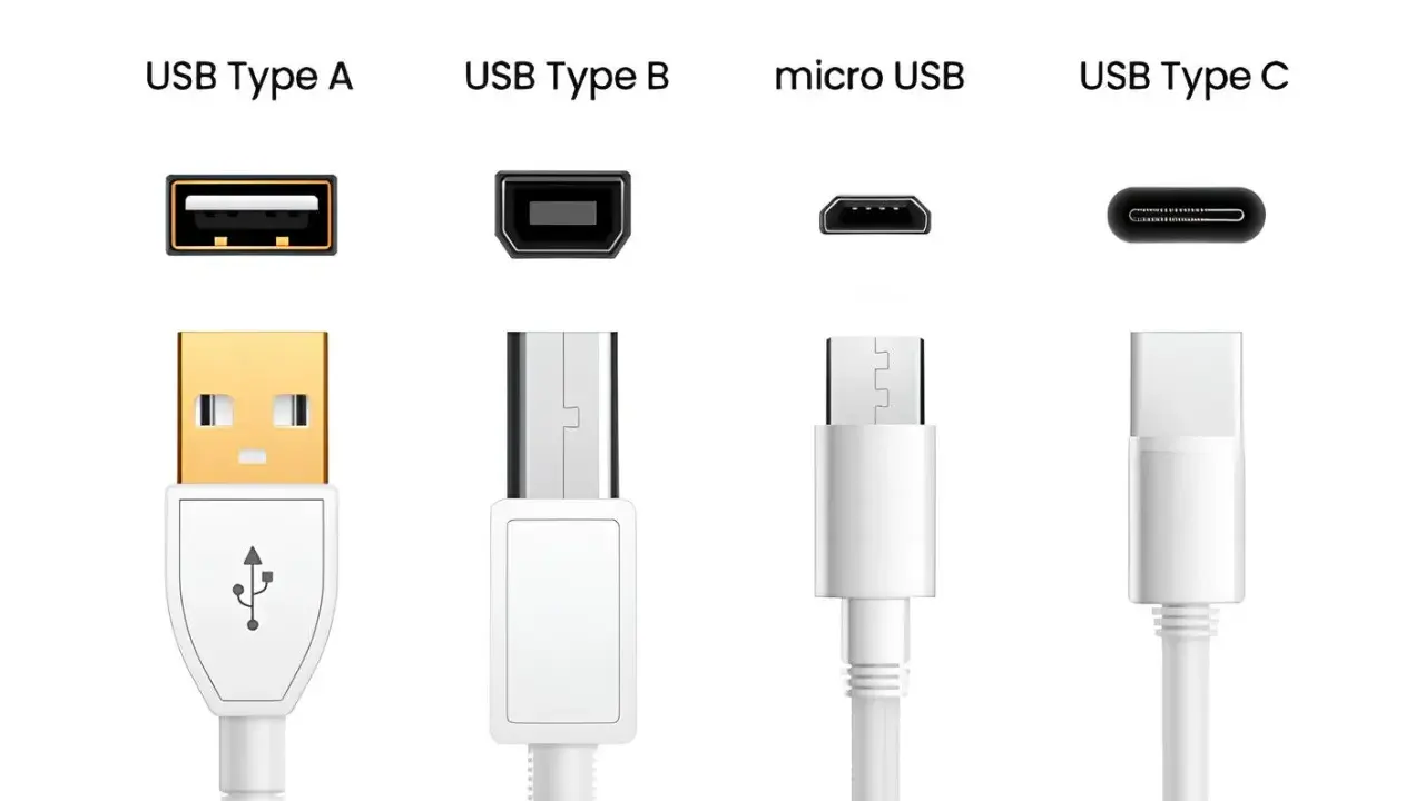 Comparaison des connecteurs USB : Type A, Type B, micro USB et Type C. Le câble USB Type A est doré, les autres sont blancs.