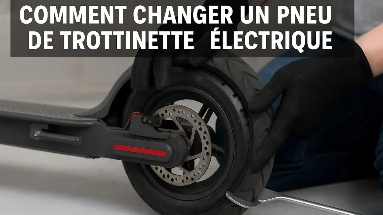 Mains gantées effectuant la réparation pneu trottinette électrique, démontant le pneu usé avec un levier.