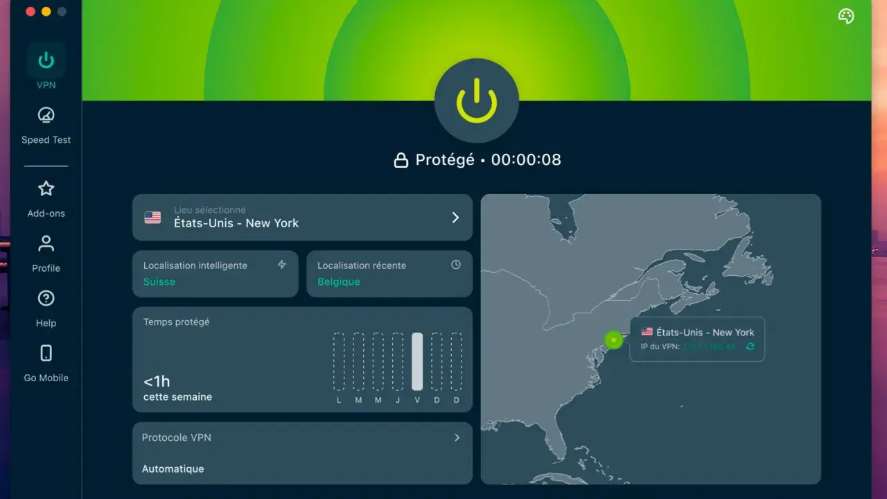 Interface VPN avec un bouton d'alimentation central, indiquant la connexion à New York. Le "kill switch" est activé, protégeant votre connexion.