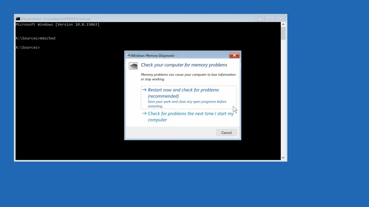 Diagnostic mémoire Windows propose de redémarrer pour vérifier un problème RAM PC.