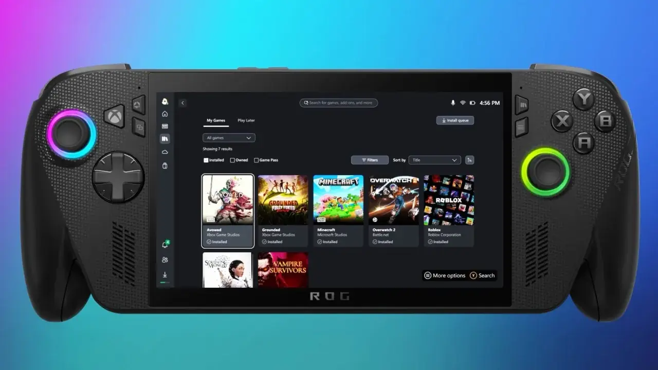 Console portable affichant des jeux, dont certains de Xbox Game Studios, prête pour le jeu sur le pouce.