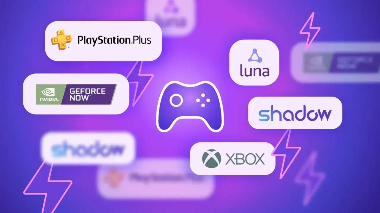 Icônes de services de jeu en nuage : PlayStation Plus, GeForce Now, Luna, Shadow, et Xbox. Le jeu en nuage, comme avec Xbox, révolutionne le gaming.