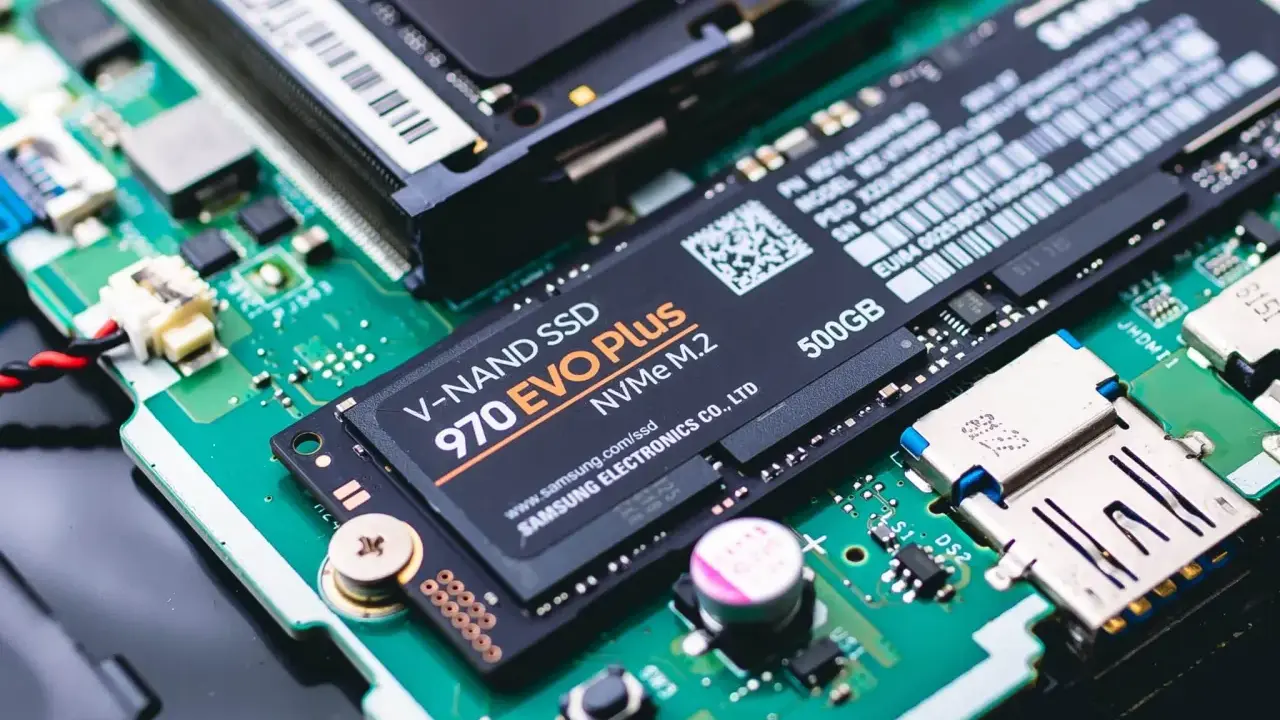 Carte mère avec un port SSD NVMe M.2 Samsung 970 EVO Plus 500 Go.