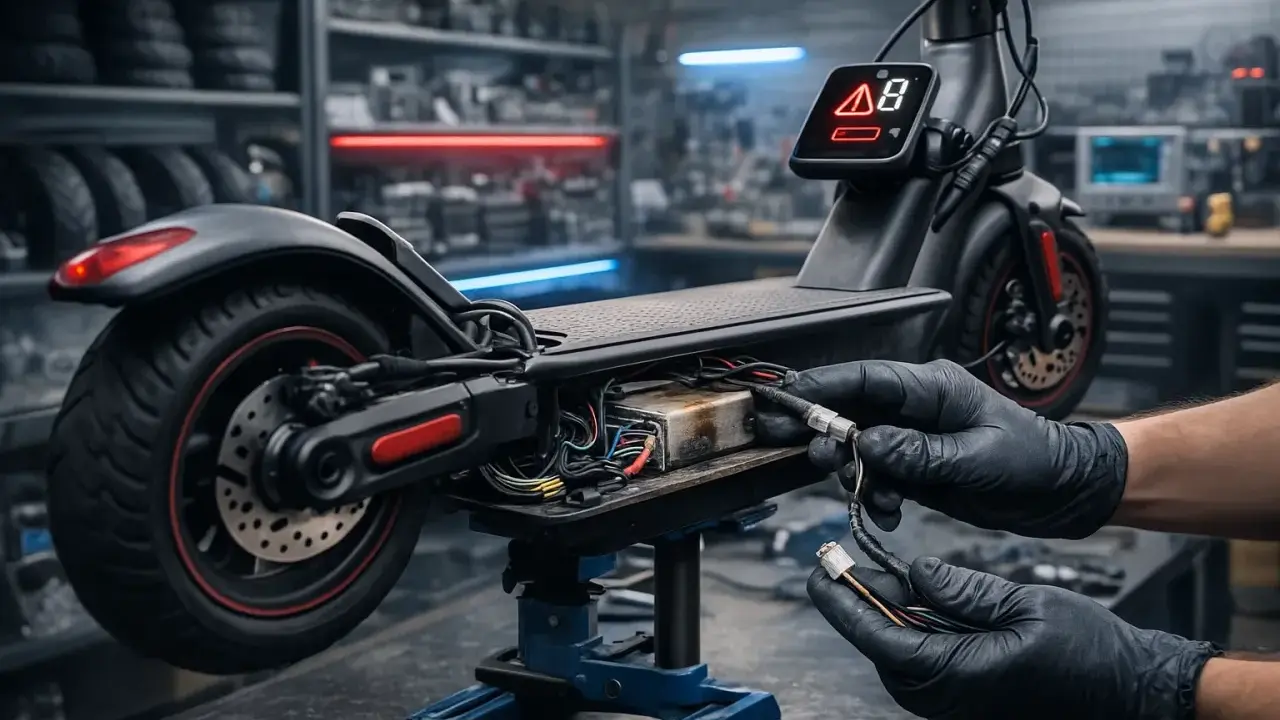 Réparation d'une trottinette électrique qui s'arrête en roulant. Mains gantées connectant des fils dans le compartiment moteur.
