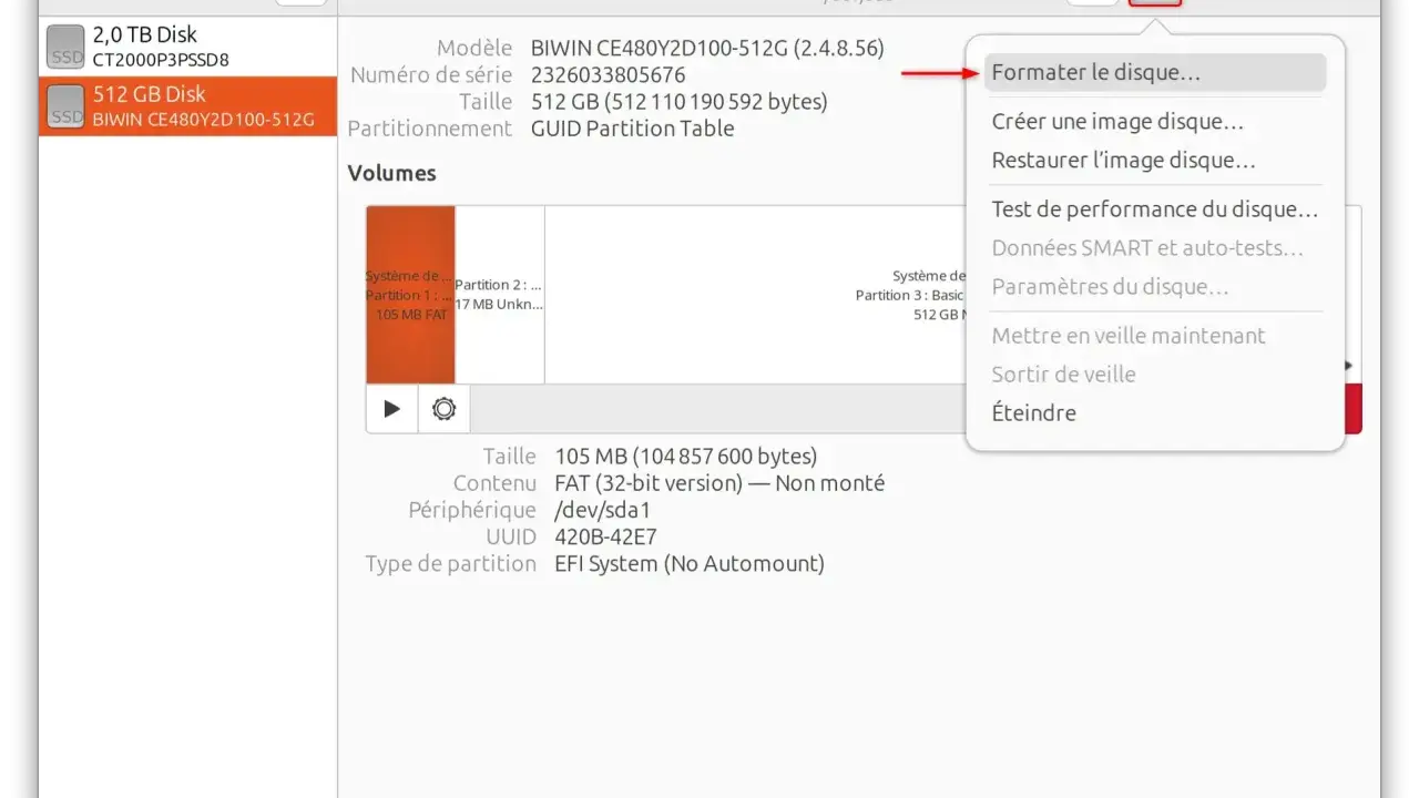 Menu contextuel pour formater le disque, une étape clé pour savoir comment réinitialiser un disque dur.