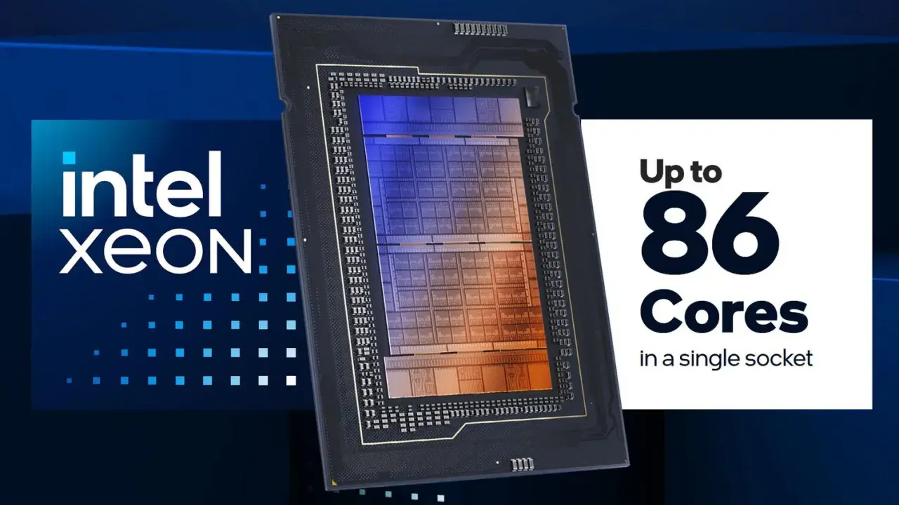Un processeur Intel Xeon avec jusqu'à 86 cœurs dans un seul socket, représentant la puissance de la gamme processeur Intel.