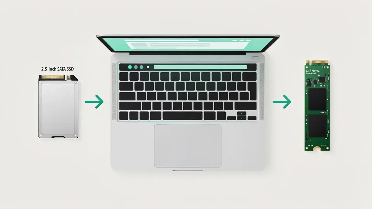 Comparaison de la taille SSD : un disque SATA 2,5 pouces à gauche, un SSD M.2 NVMe à droite, avec un ordinateur portable au centre.