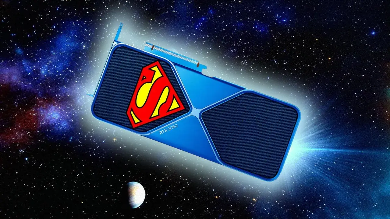 Carte graphique RTX 5080 Super, ornée du symbole de Superman, naviguant dans l'immensité de l'espace étoilé.