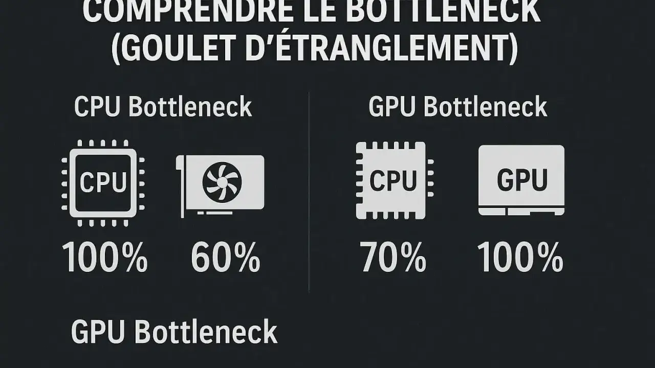 Comprendre le bottleneck : CPU à 100% et GPU à 60% (CPU bottleneck) ou CPU à 70% et GPU à 100% (GPU bottleneck). Illustration de la compatibilité processeur carte graphique.
