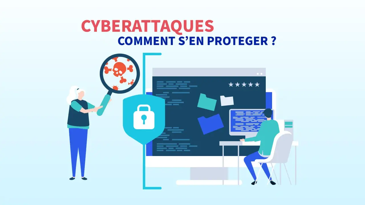 Une personne examine une loupe sur un crâne et des virus, symbolisant une cyberattaque. Un bouclier avec un cadenas et un ordinateur montrent la protection.