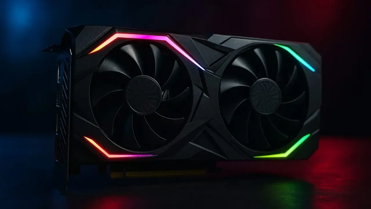 Carte graphique noire avec éclairage RGB, prête pour le ray tracing et des graphismes immersifs.