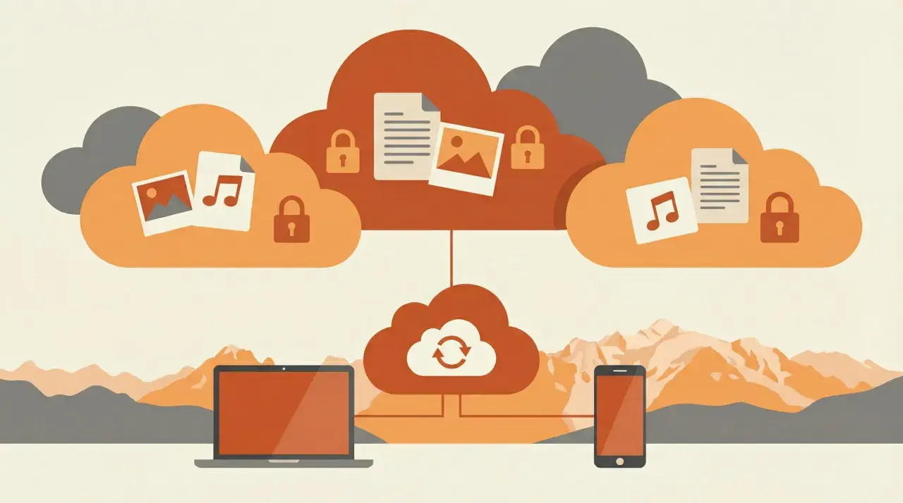 Illustration d'un ordinateur portable et d'un smartphone connectés à des nuages de données sécurisés, symbolisant la sauvegarde externe.