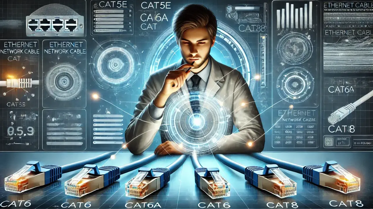 Un homme réfléchit devant un écran futuriste affichant des câbles Ethernet et leurs caractéristiques, comme le diamètre du câble RJ45.