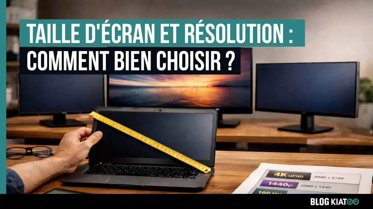 Mesure d'un écran d'ordinateur portable avec un mètre ruban, devant plusieurs moniteurs. Le texte indique "Taille d'écran et résolution : Comment bien choisir ?". Une feuille présente les différentes résolutions d'écran pc.