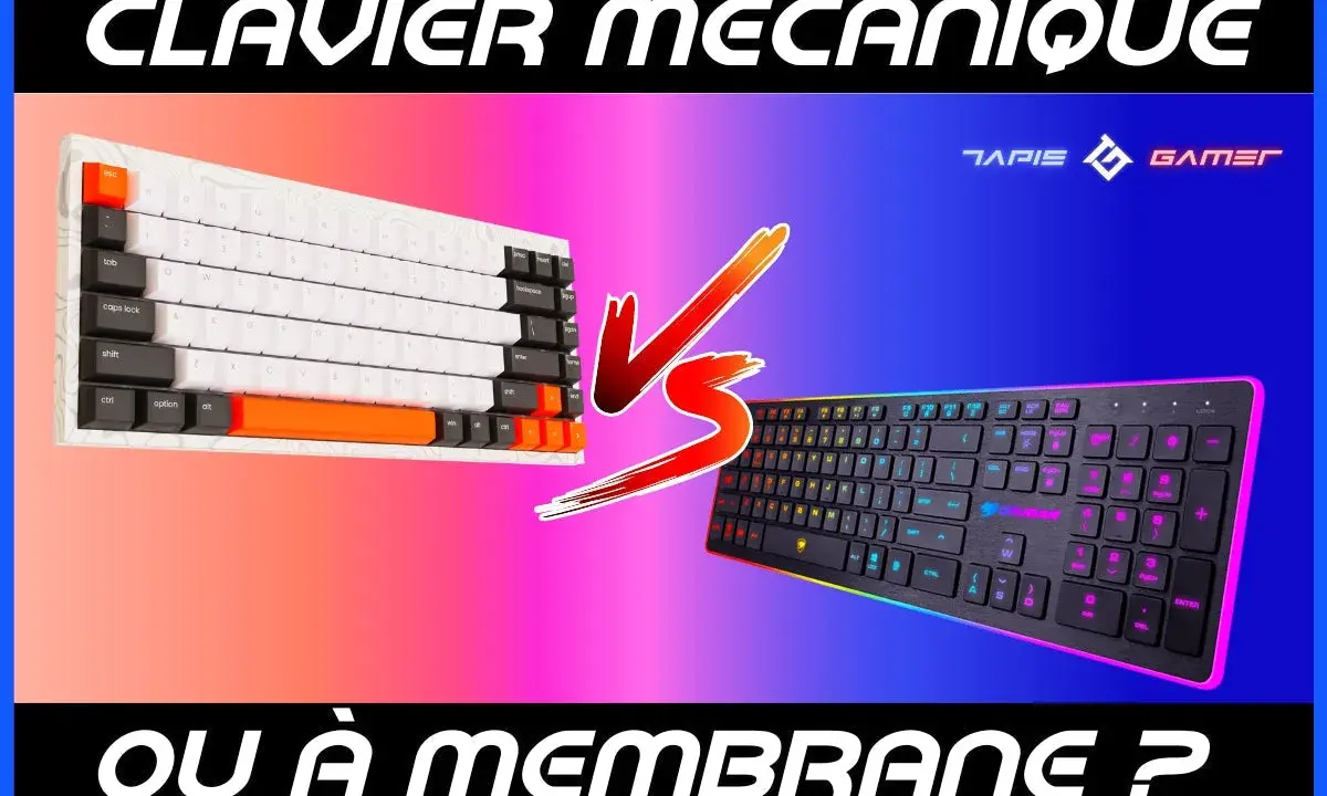 Comparaison de deux types de clavier : un mécanique blanc et orange, et un à membrane noir avec éclairage RGB.