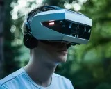 Un homme porte un casque de réalité virtuelle futuriste, peut-être un prototype de meta quest 4, dans un décor naturel verdoyant.