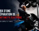 Un technicien répare une trottinette électrique. Le texte indique "Prix d'une réparation de trottinette électrique".