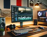 Bureau de montage vidéo ordinateur, avec écran affichant une timeline, tour PC lumineuse, enceintes, casque et clavier gaming.