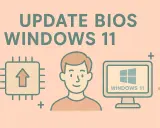 Illustration pour la mise à jour BIOS Windows 11 : un processeur avec une flèche montante, un homme souriant et un écran d'ordinateur affichant le logo Windows 11.
