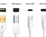 Comparaison des connecteurs USB : Type A, Type B, micro USB et Type C. Le câble USB Type A est doré, les autres sont blancs.