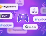 Icônes de services de jeu en nuage : PlayStation Plus, GeForce Now, Luna, Shadow, et Xbox. Le jeu en nuage, comme avec Xbox, révolutionne le gaming.