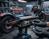 Réparation d'une trottinette électrique qui s'arrête en roulant. Mains gantées connectant des fils dans le compartiment moteur.