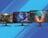 Trois écrans LG UltraGear 27 pouces affichent des scènes de jeux vidéo épiques : un guerrier, une magicienne et un vaisseau spatial.