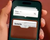 Une main tient un smartphone affichant l'application Sumeria. Une carte bancaire Sumeria est visible dans un étui en cuir marron.