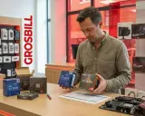 Un homme compare deux boîtes de microprocesseur ordinateur, Intel Core et AMD Ryzen, dans un magasin.