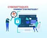 Une personne examine une loupe sur un crâne et des virus, symbolisant une cyberattaque. Un bouclier avec un cadenas et un ordinateur montrent la protection.