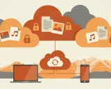 Illustration d'un ordinateur portable et d'un smartphone connectés à des nuages de données sécurisés, symbolisant la sauvegarde externe.