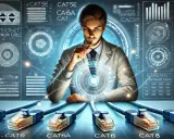 Un homme réfléchit devant un écran futuriste affichant des câbles Ethernet et leurs caractéristiques, comme le diamètre du câble RJ45.