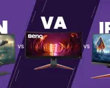 Comparaison d'écrans : TN, VA et IPS. L'écran VA BenQ au centre affiche un paysage futuriste.