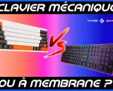 Comparaison de deux types de clavier : un mécanique blanc et orange, et un à membrane noir avec éclairage RGB.