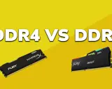 Comparaison DDR4 vs DDR5. Deux barrettes de RAM, une DDR4 HyperX FURY et une DDR5 Kingston FURY Beast, sur fond jaune. La fréquence RAM est un facteur clé.