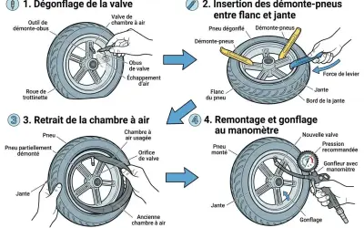 Instructions pour dégongfler, démonter, remonter et gonfler un pneu de trottinette avec un manomètre.