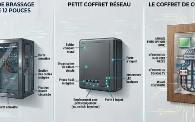 Illustration de trois solutions pour un réseau domestique : baie de brassage murale, petit coffret réseau et coffret de communication. Idéal pour organiser votre nas personnel.