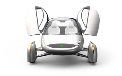 Concept de voiture électrique futuriste avec portes papillon ouvertes. Imaginez un voyage de 1600 km sans recharge !