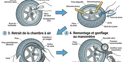 Instructions pour dégongfler, démonter, remonter et gonfler un pneu de trottinette avec un manomètre.