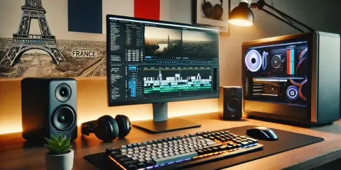 Bureau de montage vidéo ordinateur, avec écran affichant une timeline, tour PC lumineuse, enceintes, casque et clavier gaming.