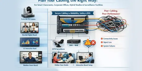 Schéma illustrant une installation de caméra ethernet et d'autres appareils connectés à un rack réseau, contrastant un câblage organisé avec un enchevêtrement chaotique.